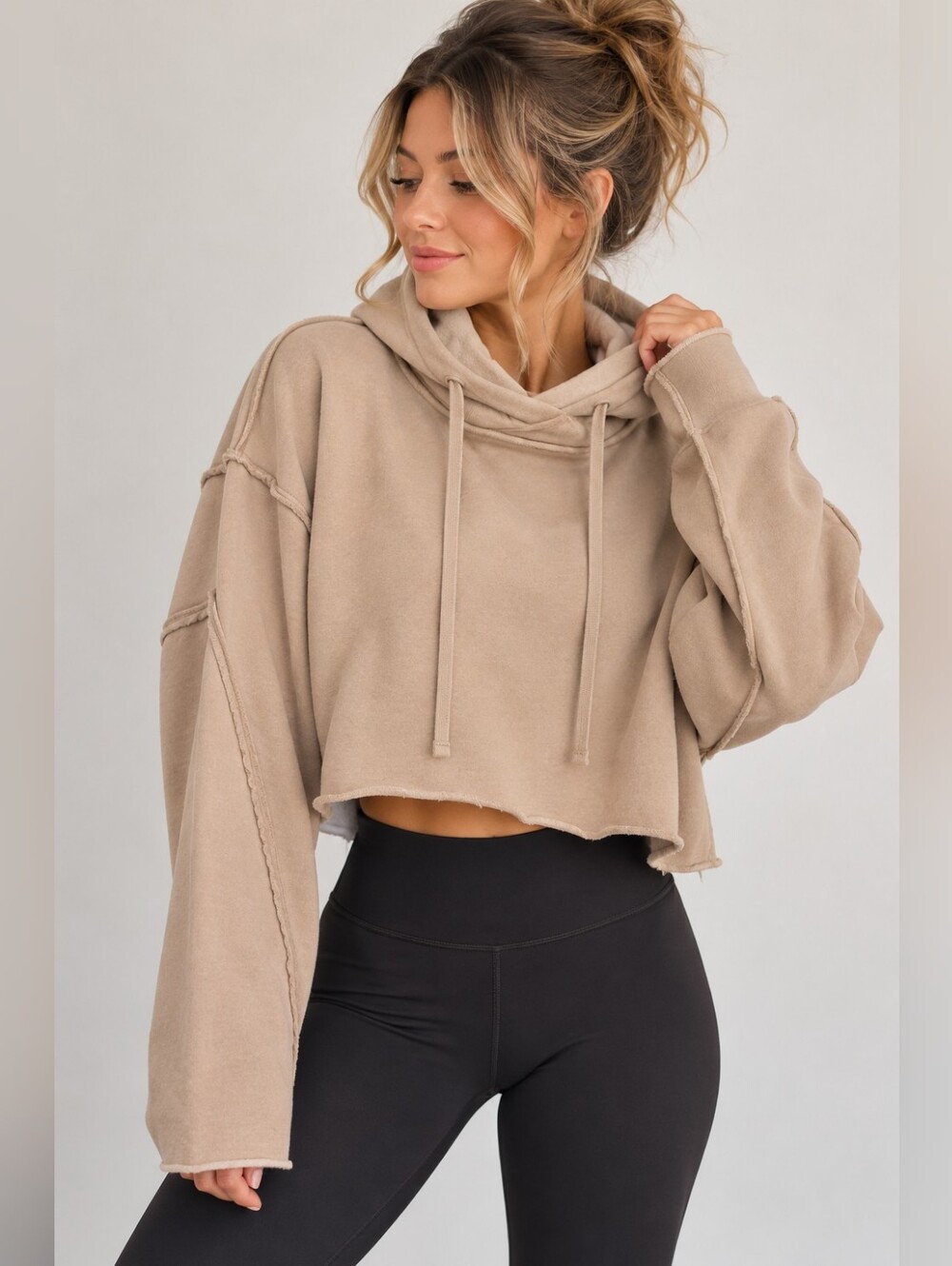 Alo Yoga Effortless Crop Hoodie Taupe Funnel Neck Raw Hem Oversized